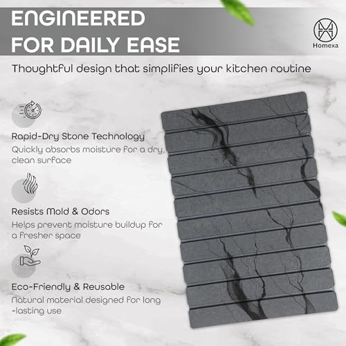 Stone Dish Drying Mat 24" x 16" – Dish Drying Stone Mat – Large Diatomaceous Earth Drying Mat with Non-Slip Base – Quick Dry Kitchen Drying Pad for Dishes, Glassware & Bottles (Marbled Dark Grey) - color: Marbled Dark Grey