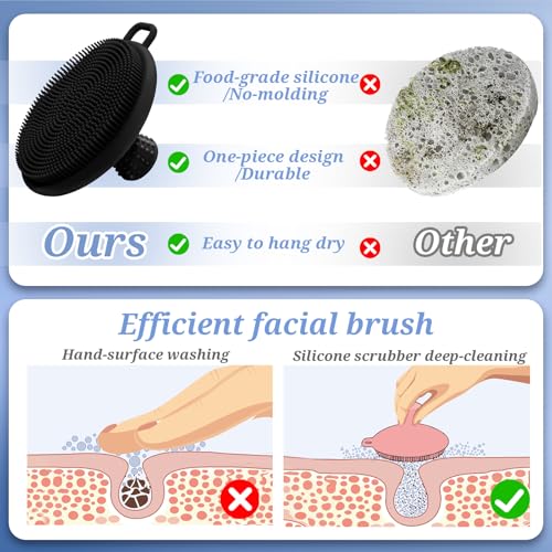 Silicone Back & Body & Face Scrubber Set 3PCS, Gentle Exfoliating Back & Body Scrubber with Dual-Side Brush Head, Hygienic Silicone Loofahs with Soft Bristle and Non-Slip Handle(Black-3PC) - color: Black*3