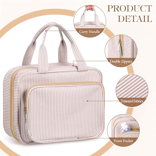 Huhumy Hanging Toiletry Bag for Women with Detachable Pouch, Travel Toiletry Bag, Travel Size Toiletries, Cosmetic Bags, Seersucker Makeup Bags Gifts for Her Mom Girlfriend Wife Teacher(Khaki) - color: Khaki