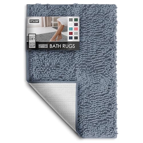 Hearth & Harbor Bathroom Rugs, Chenille Bath Mat - Machine Washable Bath Mats for Bathroom Non-Slip Backing Rubber, Quick Dry Bathroom Mat, 17 x 24 - Stone Blue - color: Stone Blue, style: 17 x 24