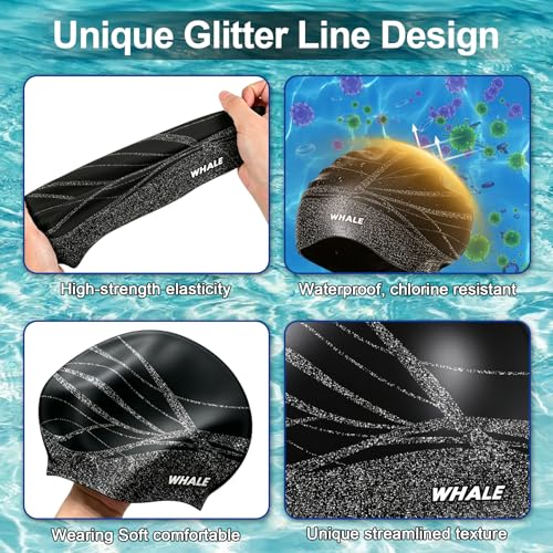 WHALE Extra Large Swim Cap Designed for Men and Women with Thick, Long Hair, Hair Extensions Or Afro-Textured Hair Long-Hair Swim Cap Highly Waterproof to Keep Hair Dry - color: Black