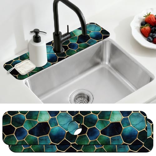 2 Pcs Kitchen Sink Splash Guard Faucet Mat Blue Gold Stones Pattern Faucet Mat for Sinks Absorbing Drying Mats for Kitchen Bathroom - color: Blue Gold Stones