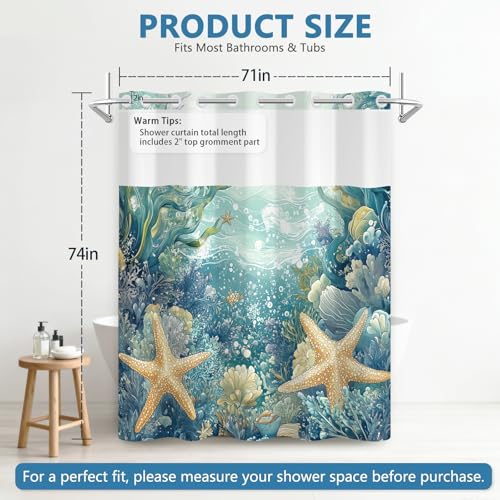 Ocean Theme No Hook Shower Curtain with Snap in Liner, Double-Layer Waterproof Shower Curtains with Mesh Top Window and Weighted Hem, Starfish Coastal Shower Curtain for Bathroom Decor, 71x74 Inches - color: Dreamy Starfish