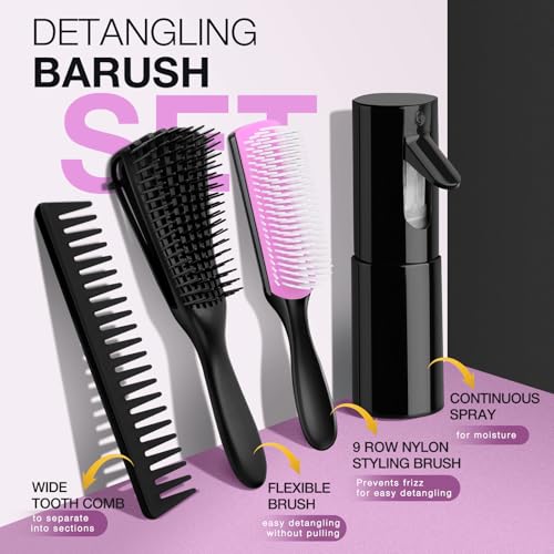 Hommtina Detangling Brush Set with Curly Hair Spray bottle, Bottle Brush Set for Women and Kids Curly Hair (3 PCS, Black+Purple) - color: 3 PCS, Black+Purple, size: 3 PCS