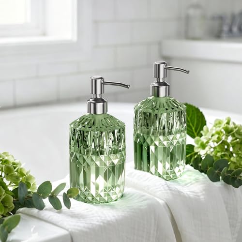 AmazerBath Soap Dispenser, Green Glass Soap Dispenser with Pump Stainless Steel, 14.2OZ Refillable Hand Bottles Bathroom Kitchen, 1 Pack - color: Green & Stainless Steel -1 Pack