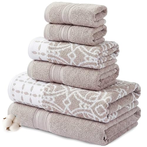 Modern Threads Monroe 6-Piece 100% Cotton Towel Set – Reversible Yarn Dyed Jacquard & Solid – Includes 2 Bath Towels, 2 Hand Towels, 2 Washcloths – Absorbent, Quick Dry, Soft & Durable – Light Brown - color: Fawn, style: Modern