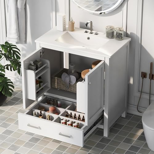 Linique 30" Modern Bathroom Vanity with Sink Combo Set, Solid Wood Frame Bathroom Storage Cabinet with 2 Soft Closing Doors and a Drawer, Multifunctional Storage, White - color: White
