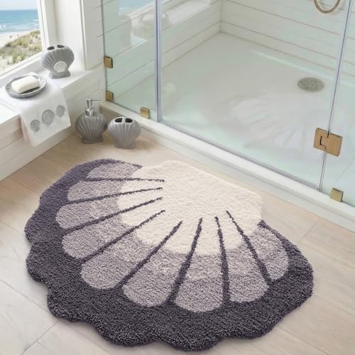 DEXI Seashell Bathroom Rugs Non Slip Washable, 38x30 Ultra Soft Cute Bath Mats for Bathroom Absorbent Quick Dry, Coastal Sea Bathmat for Shower Floor, Tub, Sink, Grey - color: Scallop Grey-large