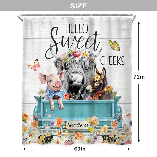 Newsely Highland Cow Farm Shower Curtains for the Bathroom, Cute Cow Chicken and Pig with Flowers on Truck Bathroom Set, Western Farmhouse Rustic Animals Funny Waterproof Bath Accessories 60Wx72H Inch - color: A-01cow, size: 60"W x 72"L (Pack of 1)