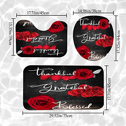 4Pcs Red Rose Shower Curtain Sets, Thankful Grateful Blessed Bathroom Curtain with Non-Slip Rug, Toilet Lid Cover, Bath Mat and 12 Hooks, Romantic Showy Floral Wedding Decor for Bath, 72 x 72 inch - color: Red