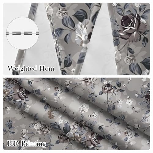 Vintage Grey Floral Shower Curtain 74 Inches Long - Dark Rose Flower Botanical Print Bathroom Curtain with Rust-Proof Hooks, Waterproof Fabric Bath Tub Curtain for Traditional Home Decor - color: Floral-j