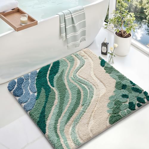 LUMI Beach Bathroom Rug Square, Non Slip Bath Mat Quick Dry, Ultra Soft Washable Absorbent, Ocean Sea Theme Bath Rug for Shower Floor, Home Decor, Kids Room, Bathtub, 32"x32" - color: A-beach Green, size: 32"x32"(Square)