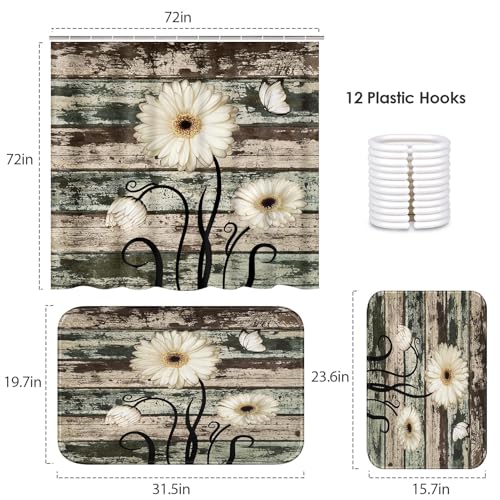 ArtSocket Vintage Flower Bathroom Set with Shower Curtain and Bath Rugs and Accessories,Daisy Wooden Non-Slip Shower Curtain Set,Bathroom Decor 3 Pcs - color: Vintage Flower
