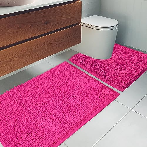 Bathroom Rugs Chenille Bath mat 2 Piece Set, Super Absorbent, Strong PVC Non Slip Backing, Bath mats for Bathroom, Plush Shaggy, Thick, Machine Washable, Bathtub, Toilet.(Hot Pink) - color: Hot Pink, size: 20''×20''U-Shape+20''×32''