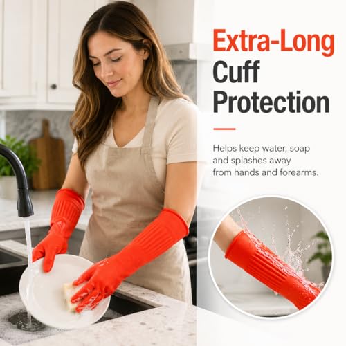ThxToms Dishwashing Gloves, 2 Pairs Fleece Lined Rubber Dish Gloves for Washing Dishes, Waterproof Reusable Kitchen Cleaning, Long Cuff Anti Slip,Large - size: Large (Pack of 4)