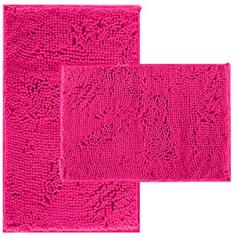 Hot Pink 2 Piece Bathroom Set Bathroom Rugs Bath Mat Set Bath Rugs | Bath Mats for Bathroom Non Slip Thick Soft Chenille Bath Rug Set, Door Mat for Kitchen/Living Room -20" x 32"/16" x 24"- - color: Rose Red, size: 32"L x 20"W + 24"L x 16"W