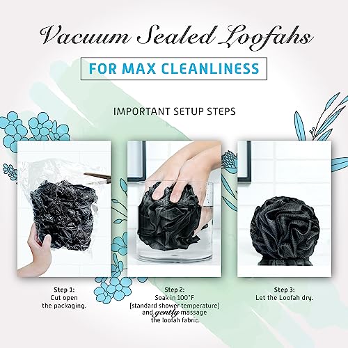 Spongentle Shower Loofah Bath Sponge, Body Scrubber with Soft Mesh, Exfoliating Bath Pouf with Activated Charcoal, Bath Sponge for Women & Men, Bath Accessories for Scrubber Cleaning Tool, 60g 4 Pack - style: Charcoal Black