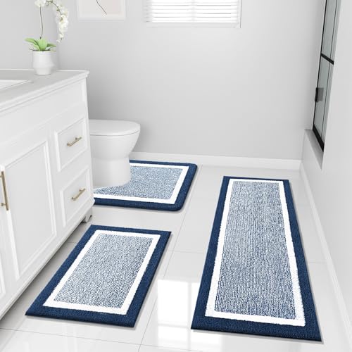 OLANLY Bathroom Rugs Sets 3 Piece, Soft Absorbent Microfiber Bath Mats and U-Shaped Contour Toilet Rug, Home Decor Accessories, Non-Slip, Bath Mat Set for Bathroom (47"x20"+24"x16"+24"x20", Navy) - color: Navy and White, size: 47" X 20" + 24" X 16" + U Sh