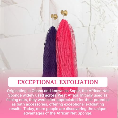 MOTHER AFRICA African Net Sponge Authentic with Knots 2 Pack Black Owned Exfoliating Body Scrubber Bath Sponge for Shower Washcloth Loofah Gentle Deep Cleansing Back Scrubber Face & Body Men & Women - color: Purple & Bright Pink