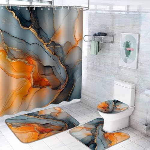 Moonslim 4Pcs Marble Shower Curtain Set, Orange Gold Black Abstract Bathroom Shower Curtain with Rugs and Accessories,Shower Curtains for Bathroom Set Decor - color: Black Gold