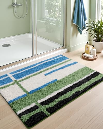 DEXI Striped Bath Mats for Bathroom 24x16, Washable Absorbent Bathroom Rugs with Non Slip Backing, Extra Soft Plush Microfiber Shower Rugs for Tub, Floor, Sink, Blue and Green - color: Green and Blue, size: 24" X 16" (Rectangular)