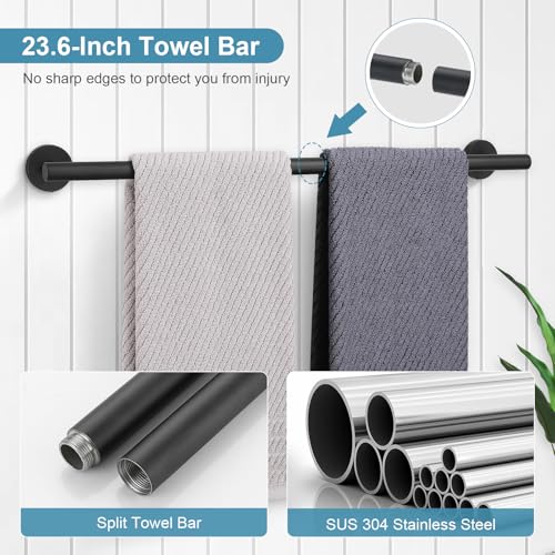 TQKAG Matte Black Bathroom Hardware Set 6-Piece Bathroom Accessory Set 23.6 Inch Round Stainless Steel Towel Bar Set Wall Mounted - color: Matte Black, size: 6-Pieces Set