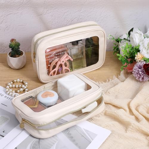 6 Pcs White Clear Makeup Bags with Zipper Car Cosmetic Bag PU and PVC Travel Toiletry Pouches for Women Gift, Valentine's Day Wedding Gift