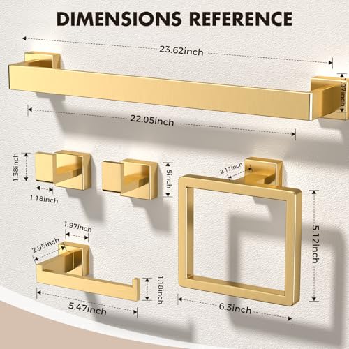 Bathroom Accessory Towel Bar Set: 15 Pieces Gold Square Bathroom Hardware SUS304 Stainless Steel - 24 Inch Wall Mounted Towel Rack&Toilet Paper Holder&Towel Ring and Towel Hook - color: Gold, size: 24inch 15 Pieces