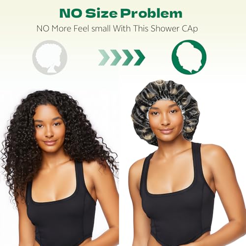 2 PCS Shower Cap Waterproof Double Layer Elastic Adjustable Reusable Hair Bath Caps for Girls Women Cute Aesthetic-Black 2 - color: G12-Black 2
