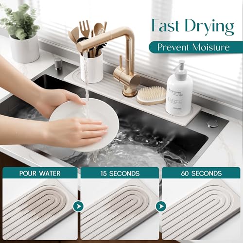 Large Faucet Mat for Kitchen Sink - Stone Drying Mat for Kitchen Counter, Diatomite Fast Drying Stone Sink Tray, Super Absorbent, Stylish Decor and Protector for Bathroom (Light Grey, 23.6" x 5.5") - color: Light Grey, size: 23.6" x 5.5"