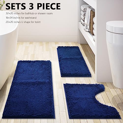 Bathroom Rugs Chenille 3-Piece Extra Soft and Absorbent Shag Bathroom Rugs, Machine Wash Mat, Strong PVC Non-Slip Underside, Plush Carpet Mats (Navy Blue) - color: Navy Blue, size: 2'8" x 1'8" (16x24"+20x32"+20x20"U shape）