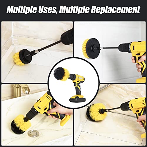 Drill Brush Attachment Set, Power Scrub Brush for Cleaning, All Purpose Scrubber Brushes with Extended Attachment for Bathroom Kitchen Surface, Grout, Tub, Shower, Tile, Corners, Car-Yellow