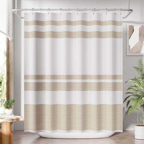 AmazerBath Beige Shower Curtain, 72x72 Washable Cloth Neutral Light Tan Shower Curtain with 12 Hooks, Fabric Khaki and White Striped Set, Farmhouse Bathroom Shower Curtain - color: A- Khaki Stripe +12 Metal Hooks, size: 72"W x 72"L (Pack of 1)