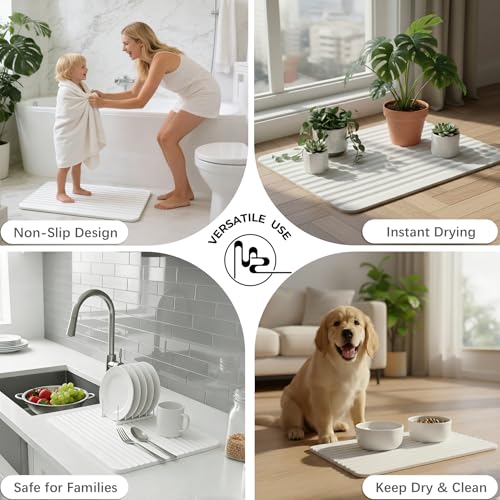 Stone Bath Mat Diatomaceous Earth Shower Mat Non-Slip Ultra Absorbent Durable Stone Mats for Bathroom/Kitchen Fast-Drying Modern Design Easy to Clean (24''*16'' White) - color: White