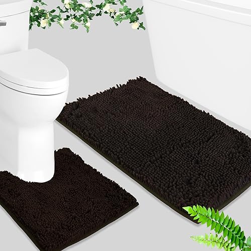 BOANKODU Bathroom Mat Sets 2 Piece, Absorbent Non-Slip Very Soft Chenille Mat, 32x20 Inch + 20x20 Inch U Shape, Machine Washable (Coffee) - color: Coffee, size: 20" x 32" + 20" x 20" (U-Shape)