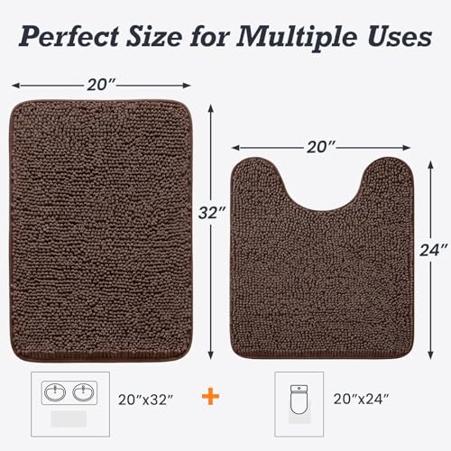 HUXMEYSON Bathroom Rugs Set 2 Piece, Ultra Absorbent Chenille Non Slip Bathroom Mat Set - 20'' x 24'' U-Shaped Contour Toilet Rug & 20'' x 32'' Extra Soft Plush Bath Mat - Machine Washable, Brown - color: Brown, size: 32" x 20" + U Shape 24" x 20"