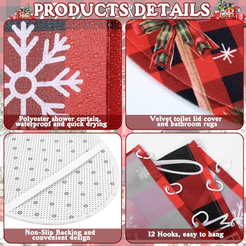 FuWeave 8 Pcs Christmas Shower Curtain Set Xmas Santa Bathroom Decoration Christmas Tree Hand Towels Snowman Toilet Lid Cover Bathroom Rugs Xmas Shower Curtain with Hooks(Buffalo Plaid) - color: Buffalo Plaid