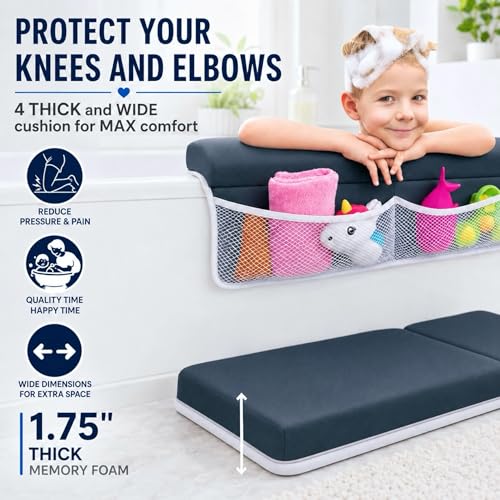 Comfortable Baby Bath Kneeler and Elbow Rest Pad Set, Non-Slip Bathtub Kneeling Pad for Bathing Baby, Bath Tub Cushion Mat, Elbow Pads, Toy Organizer Storage Pockets, Strong Suction Cups (Dark Gray) - color: Dark Gray