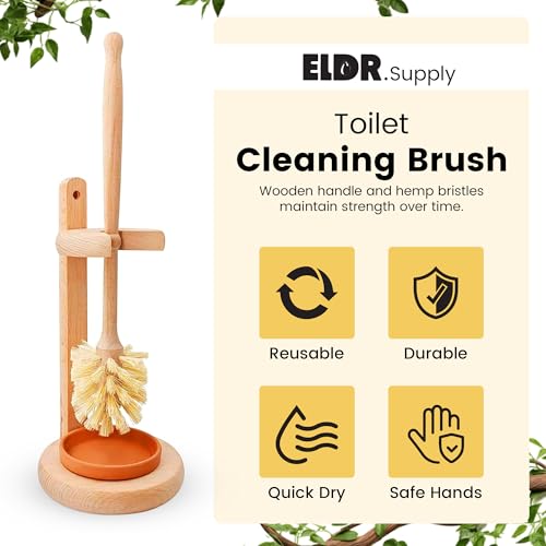ELDR Supply Toilet Bowl Cleaner Brush with Holder, 14 Inch Extra Long German Beechwood Handle, Strong Hemp Bristles, Ceramic Drip Tray, Biodegradable
