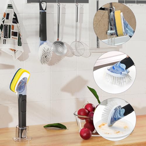 RIMAY Dish Brush with Soap Dispenser Storage Set with 2 PCS Brush Refills & Holder, Dish Scrubber with Soap Dispenser, Dish Soap Brush, Dish Wand with Soap Dispenser for Dishes, Pans, Sink, Pots - color: Black