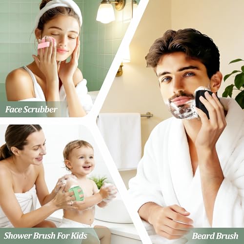 Silicone Back/Body/Face Scrubber & Lymphatic Contour Face Brush Set 4PCS, 13.4'' Soft Back Scrubber, 360° Anti-Slip Bath Glove, Unique Side-bristled Face Scrubber for All-Round Cleaning(Black) - color: Black*4