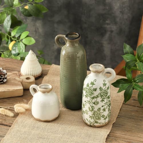 Vintage Vase Set of 3 with Handle, Ceramic Vintage Rustic Vases Home Decor Farmhouse Decorative Vase Pottery Decor Modern for Table Mantel Entryway Bookshelf Living Room Kitchen Bedroom - Green - color: 010 Vase Set - Vintage Green