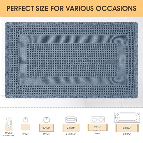 Upgrade Waffle Bath Mat, Boho Bathroom Rugs Absorbent Non Slip, Ultra Soft Bathroom Mat, Machine Washable Knit Bath Rugs with Tassels for Bathroom, Bedroom, Kitchen, Shower, Tub, 32"x20", Blue - color: Blue-looped, size: 1'8" x 2'8" (Rectangular)