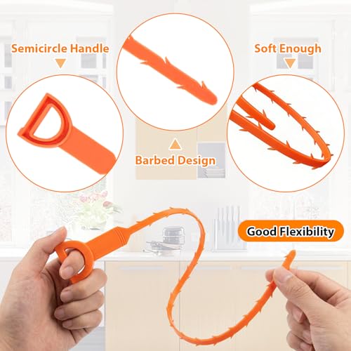 Hair Drain Clog Remover 7-Piece Set | 6x25” Plastic Sink Snake + 1x35” Stainless Steel Plumbing Snake | Drain Cleaner for Shower, Tub, Kitchen Sink & Toilet (35inch, Black+Orange) - color: Black+Orange, style: 35inch