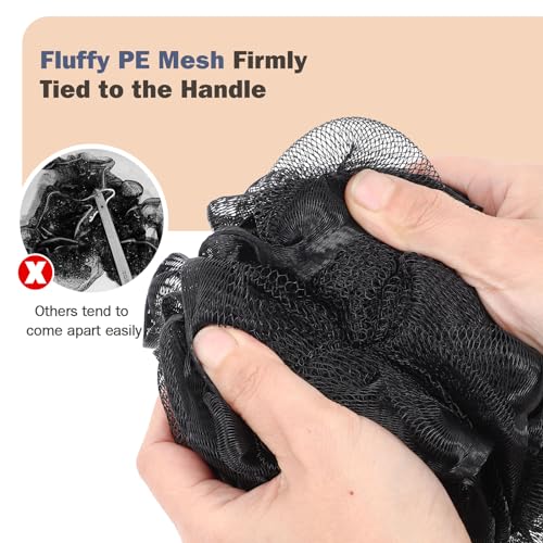 Non-Slip Back Scrubber with 17" Plastic Handle - Hand Shower Loofah & Loofah on a Stick Set, Black