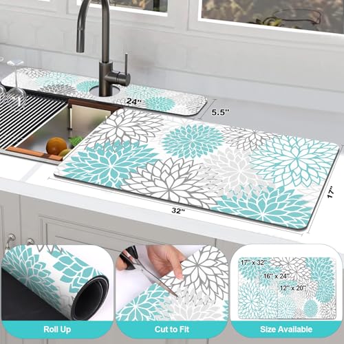 Findosom 2PCS 17" x 32" Dish Drying Mat & 24" x 5.5" Sink Splash Guard, Super Absorbent & Cuttable Dish Mat Drying Kitchen Mat with Teal Floral, Hide Stain Drying Mat for Kitchen Counter - color: Teal, size: 17" X 32" + 24" X 5.5"