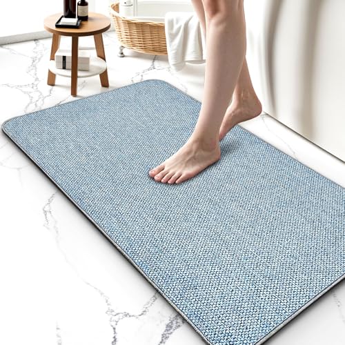 Upgraded Bath Mat 24x36Inch, Thin Bath Mats Rugs with Rubber Backing Non-Slip, Absorbent,Quick Dry Machine Washable, Home Decor Accessories Cozy Cloth Bathroom Rugs fit Under Door/Sink/Tub/Shower-Blue - color: Blue, size: 24"x36"
