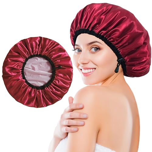 Shower Cap for Women, Large Shower Caps Reusable Waterproof with Elastic Band, Silky Satin Double-layer Bath Cap for Braids Long Hair - color: Set A