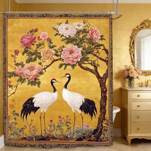 Vintage Peony Flower Crane Shower Curtain 60Wx72L Inch Chinese Asian Retro Botanical Plant Blossom Bathroom Set Accessories Decor with 12 Pack Hooks - color: Vintage Peony, size: 60"W x 72"L (Pack of 1)