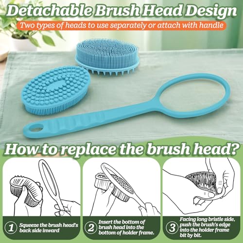 Silicone Back Scrubber for Shower, Gentle Exfoliating Body Scrubber & Back Washer with Handle, Silicone Loofah with Two Dual-Side & Replaceable Brush Heads(Blue-Two Heads) - color: Blue-two Heads